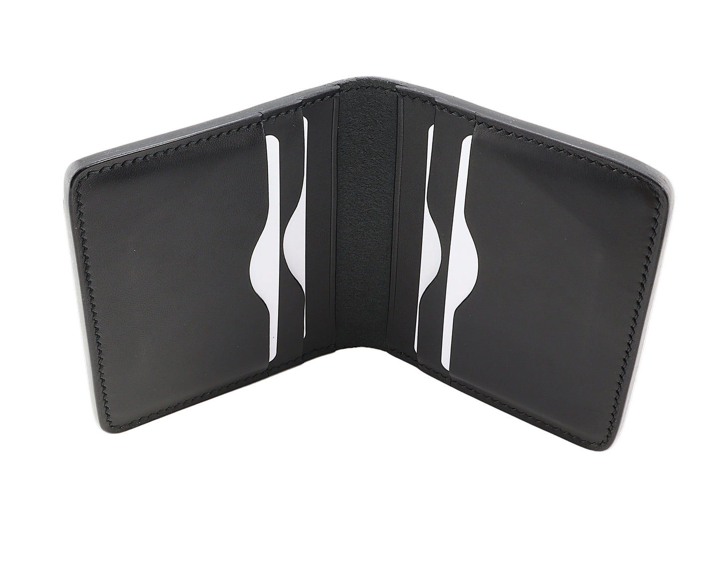 Black leather wallet with white stitching on a white background