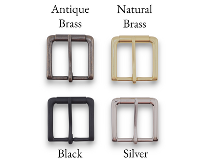 Four metal belt buckles shown on a white background with labels above and below: Antique Brass, Natural Brass, Black, and Silver.