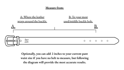 A white diagram with black text and line art showing how to measure a belt. It includes labels A and B, instructions for measuring around the buckle and from the most used buckle hole, and a line drawing of a belt with a buckle and keeper.