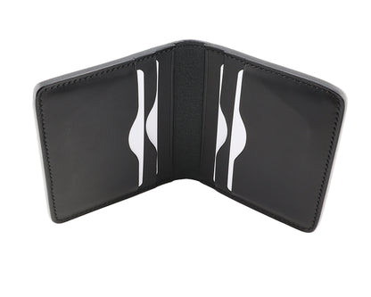 Black leather wallet with white stitching on a white background