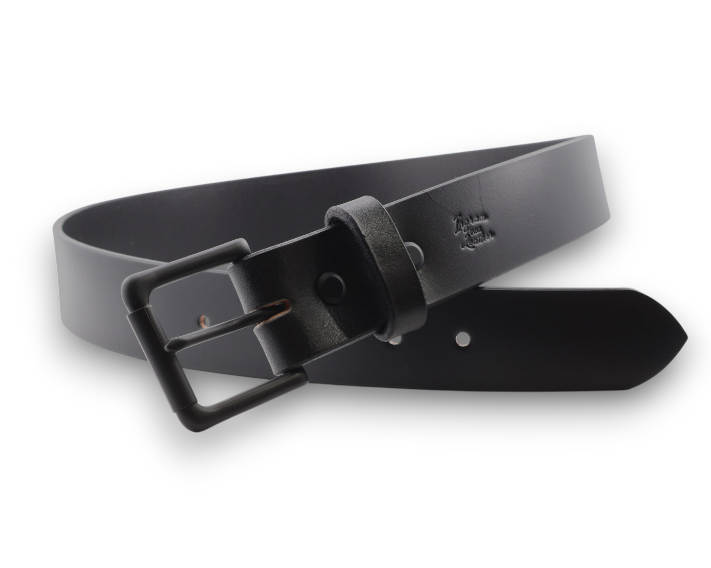 A black leather belt with a matte black metal buckle, shown coiled on a white background.