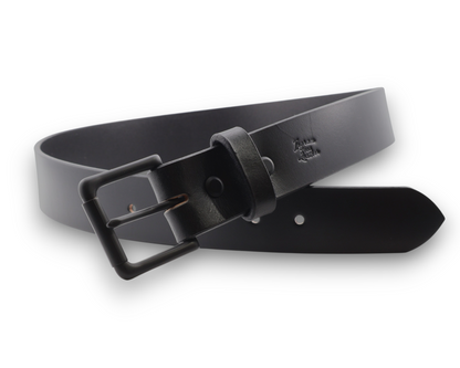 A black leather belt with a matte black metal buckle, shown coiled on a white background.