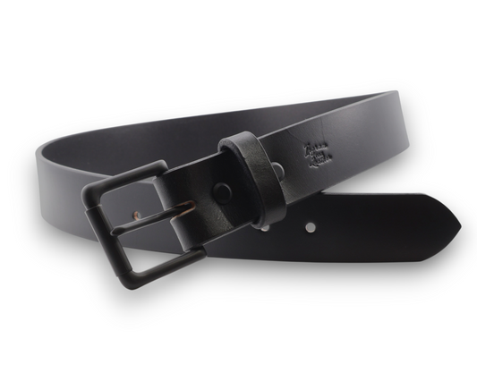 A black leather belt with a matte black metal buckle, shown coiled on a white background.