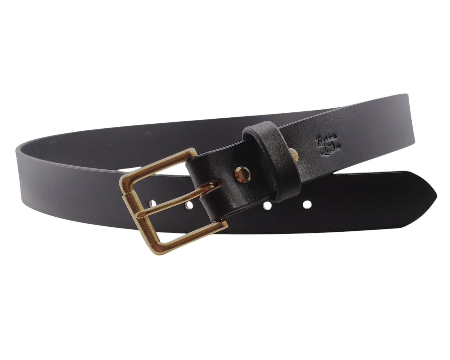 A black leather belt with a brass buckle, coiled on a plain white background.