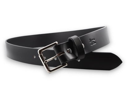 A black leather belt with a silver-tone metal buckle, shown coiled on a plain white background.