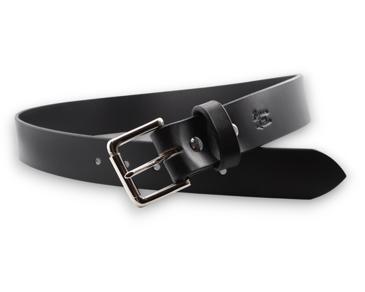 A black leather belt with a silver-tone metal buckle, shown coiled on a plain white background.