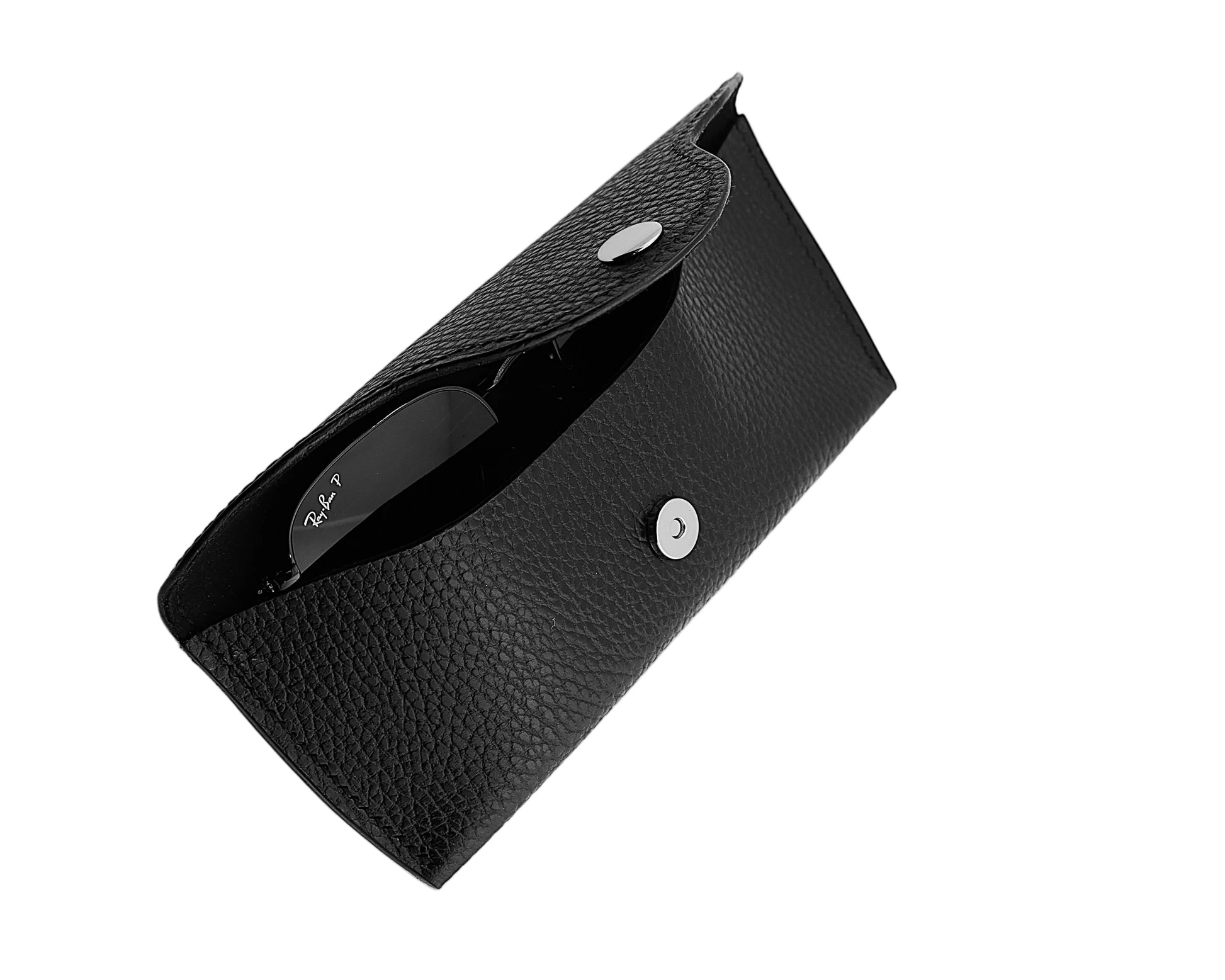 Black leather case with a magnetic button on a light gray background