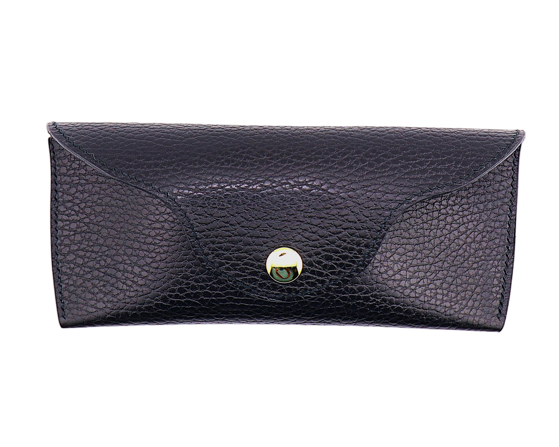 Black leather eyewear case with a gold clasp on a light gray background