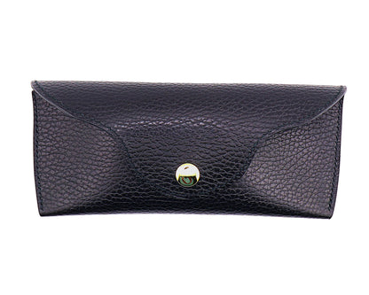 Black leather eyewear case with a gold clasp on a light gray background