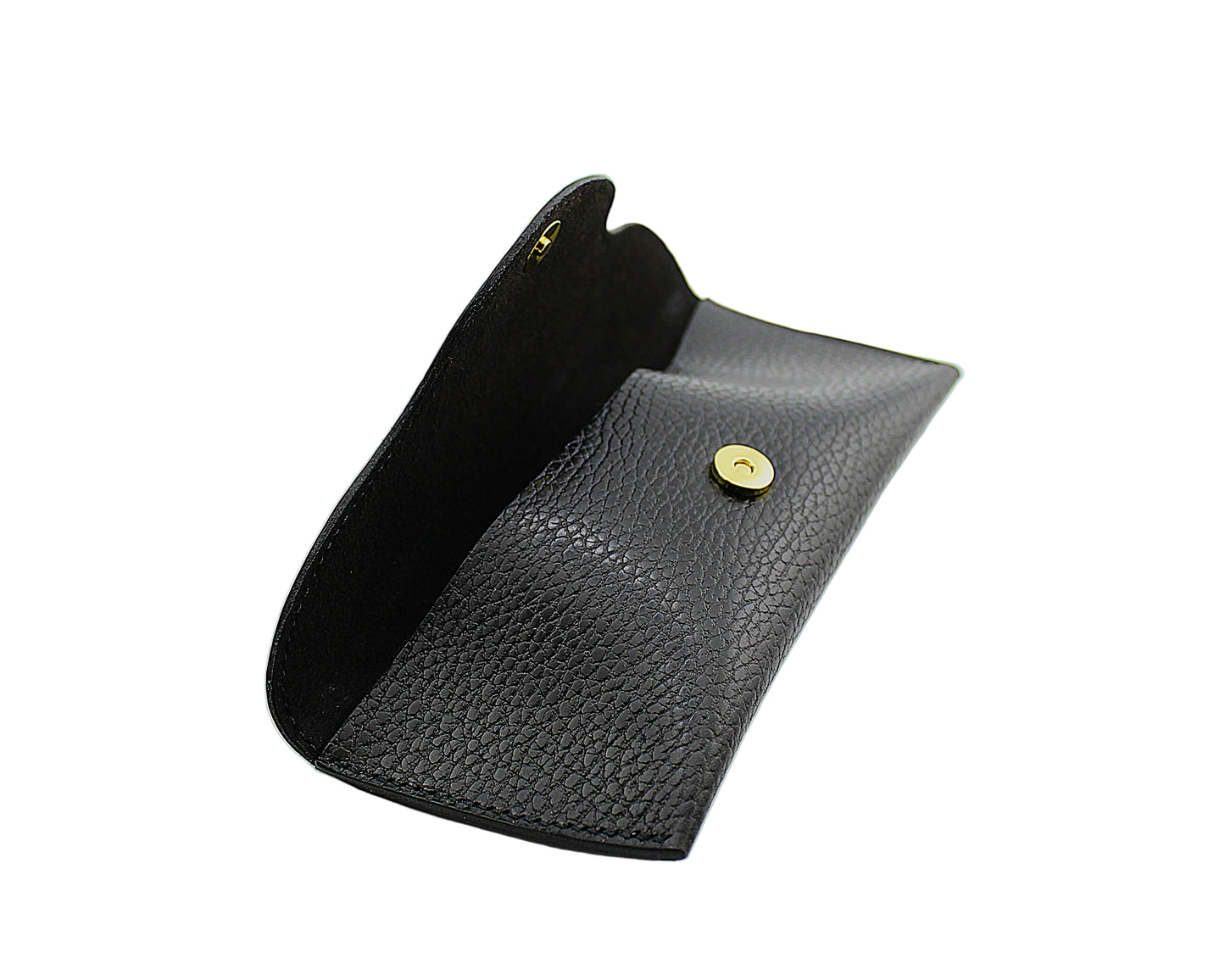 Black leather eyewear case with a gold magnetic button on a light gray background