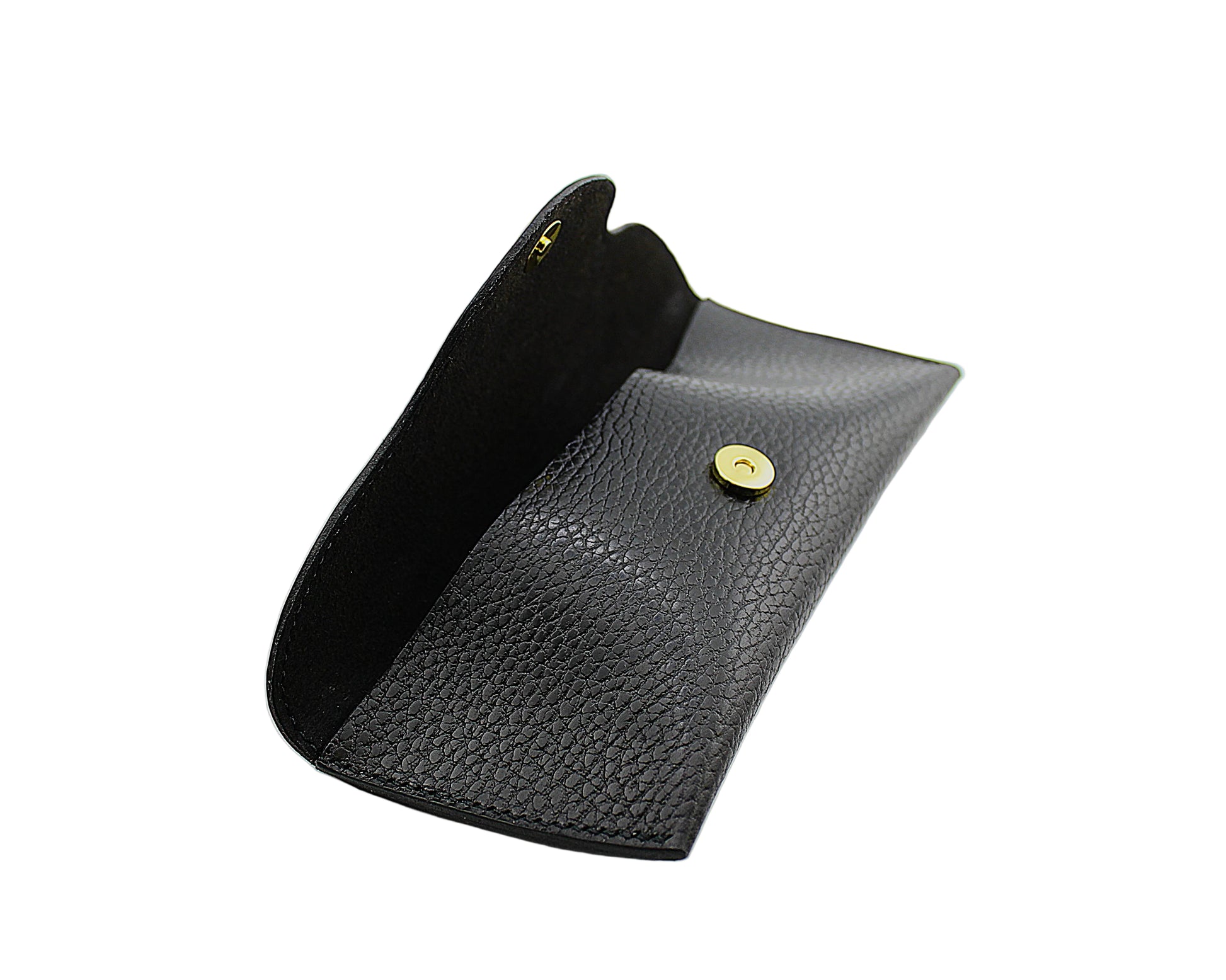Black leather eyewear case with a gold magnetic button on a light gray background