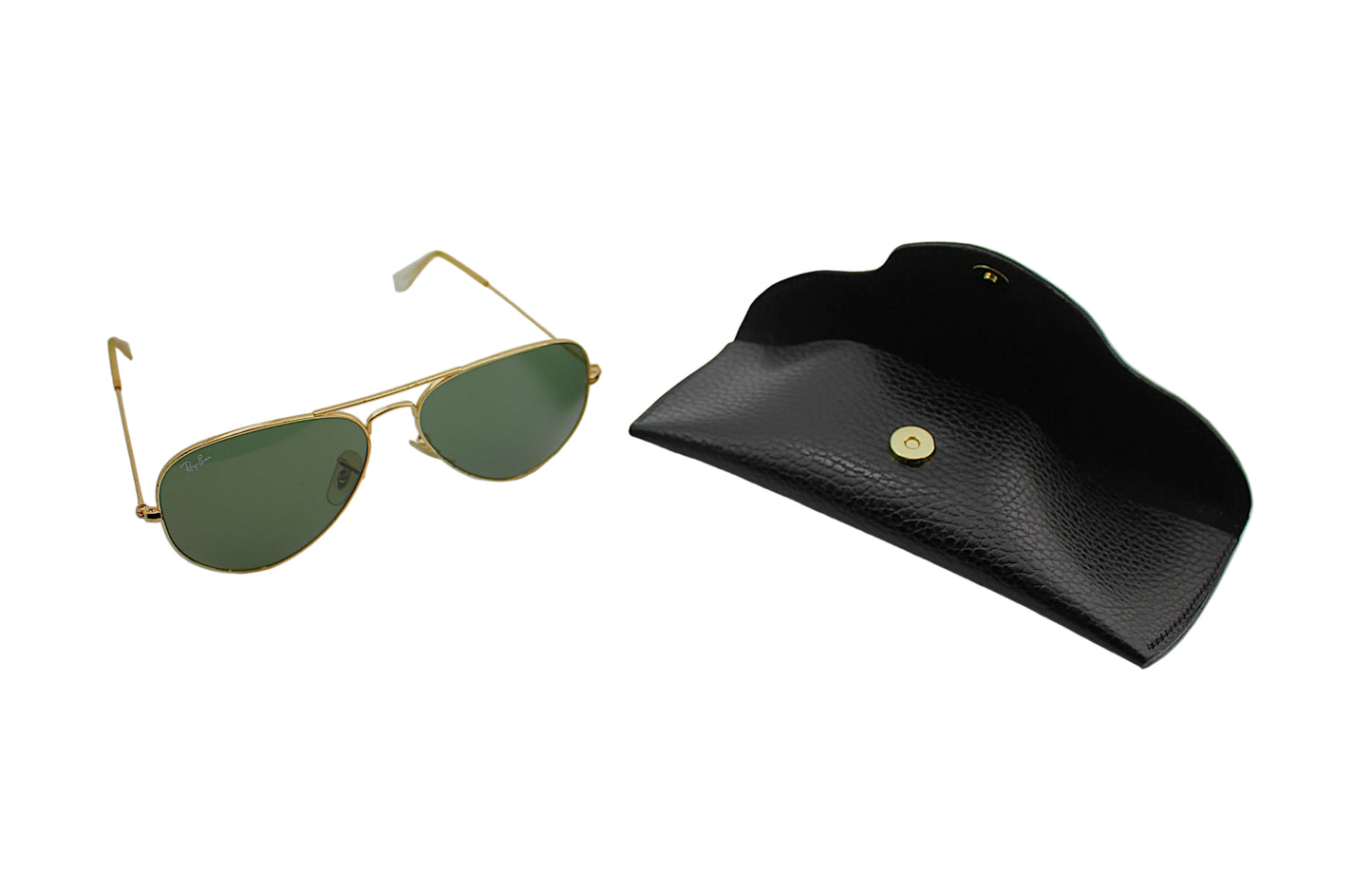 Gold-framed sunglasses with green lenses and a black leather case on a light gray background