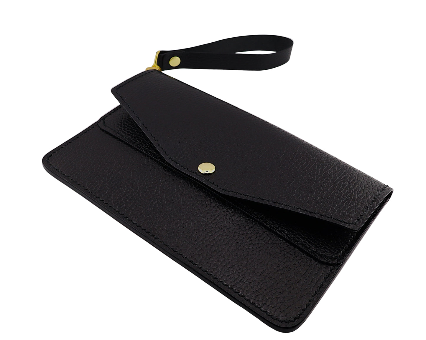 Black leather clutch bag with a strap on a white background