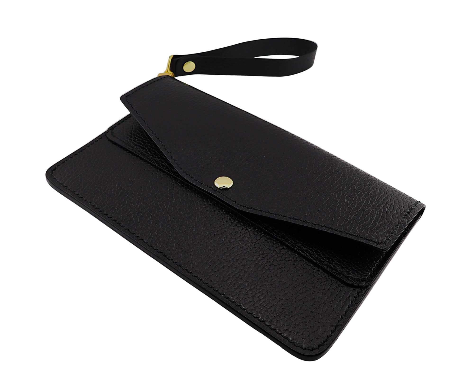Black leather clutch bag with a strap on a white background