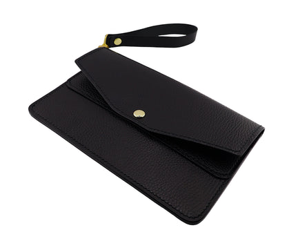 Black leather clutch bag with a strap on a white background