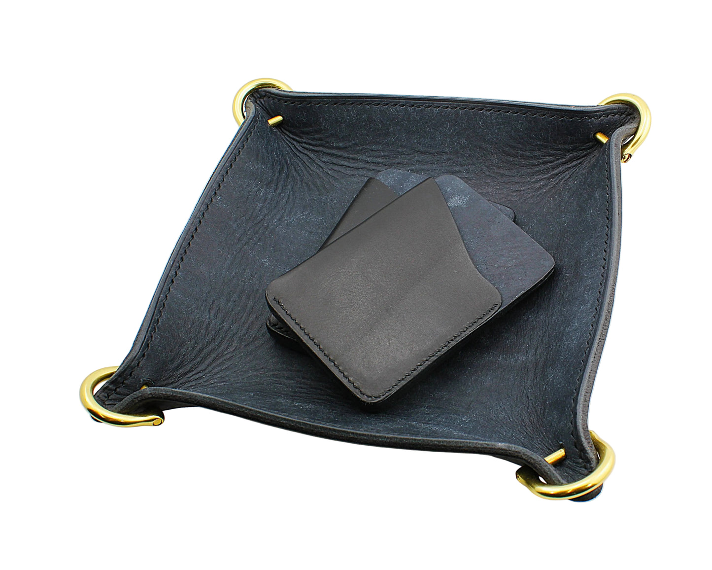 Blue card wallets inside a blue and gold valet tray