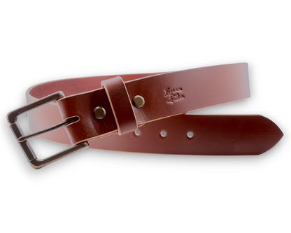 A reddish-brown leather belt with a dark metal buckle, laid out on a white background.