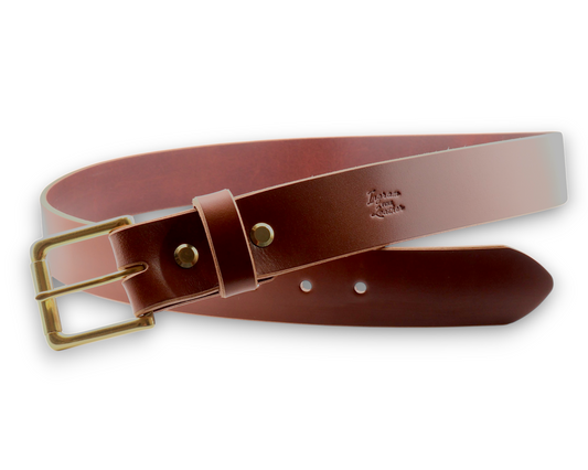 A brown leather belt with a brass buckle, coiled on a white background.