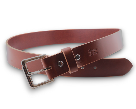A brown leather belt with a silver-tone metal buckle, shown coiled on a plain white background.