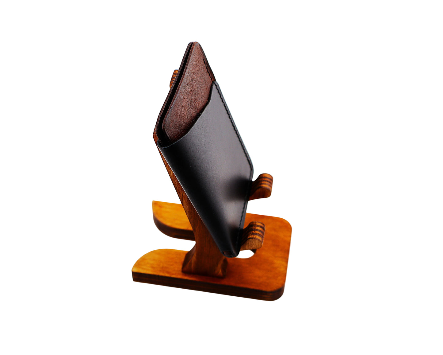 Wooden stand holding a card holder on a light gray background