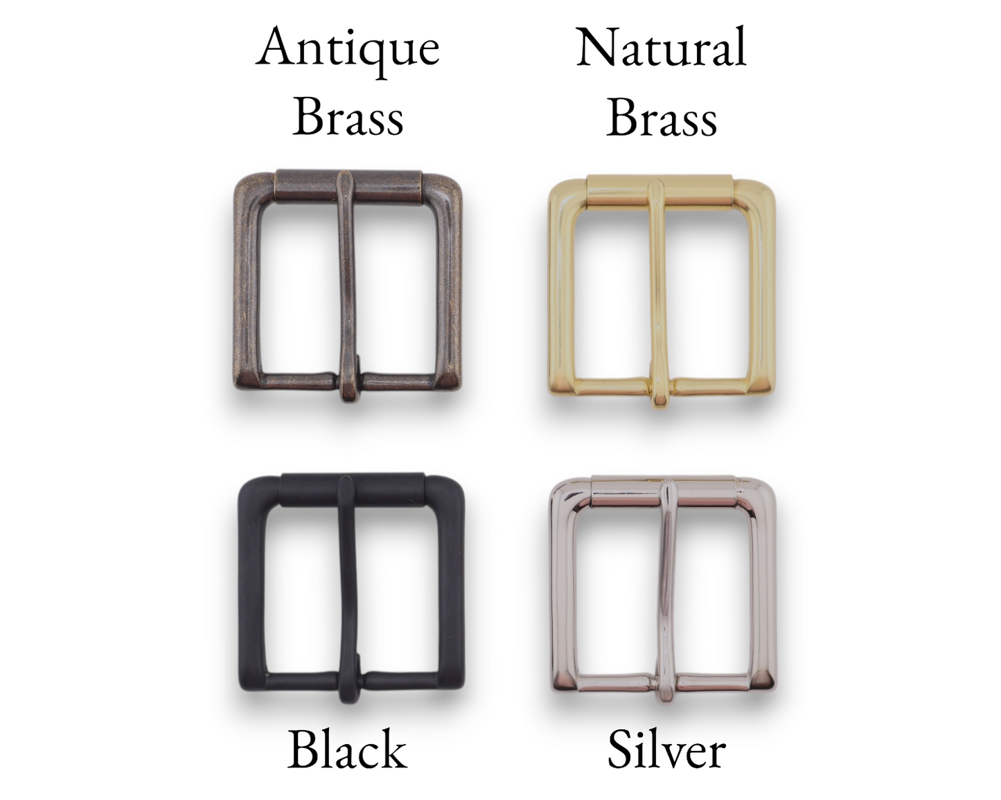 Four metal belt buckles shown on a white background with labels above and below: Antique Brass, Natural Brass, Black, and Silver.