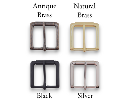 Four metal belt buckles shown on a white background with labels above and below: Antique Brass, Natural Brass, Black, and Silver.