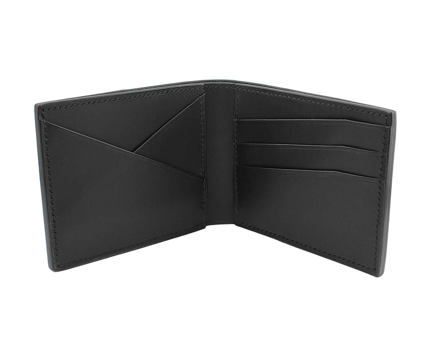 Black leather wallet open on a white background