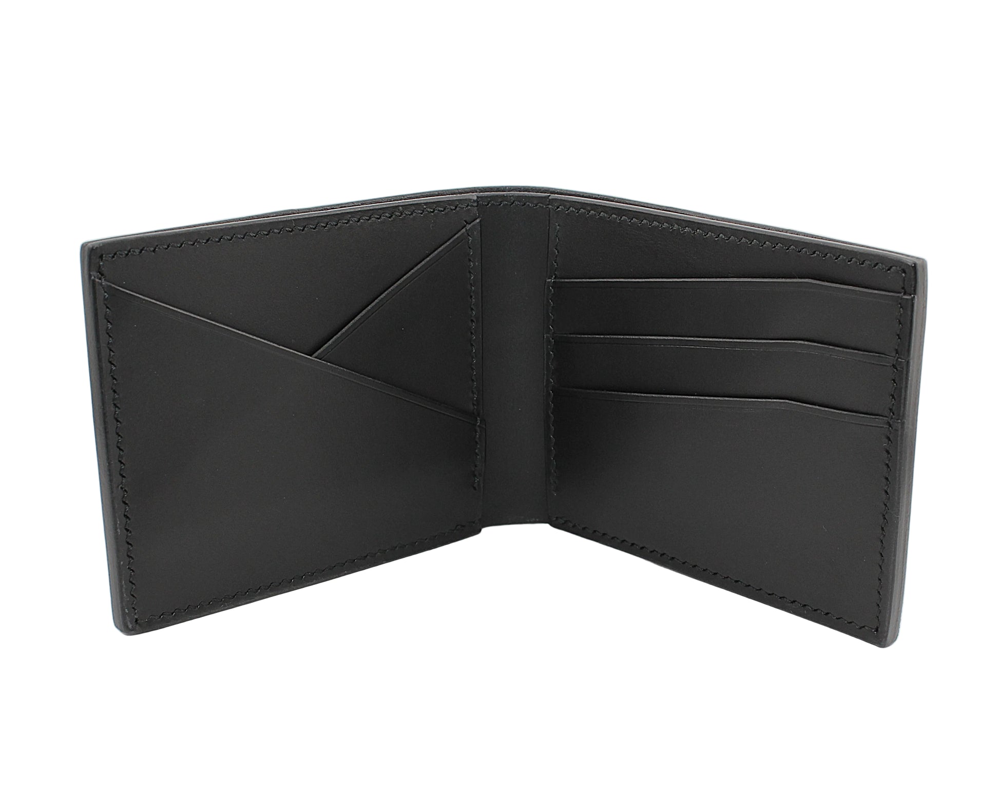 Black leather wallet open on a white background