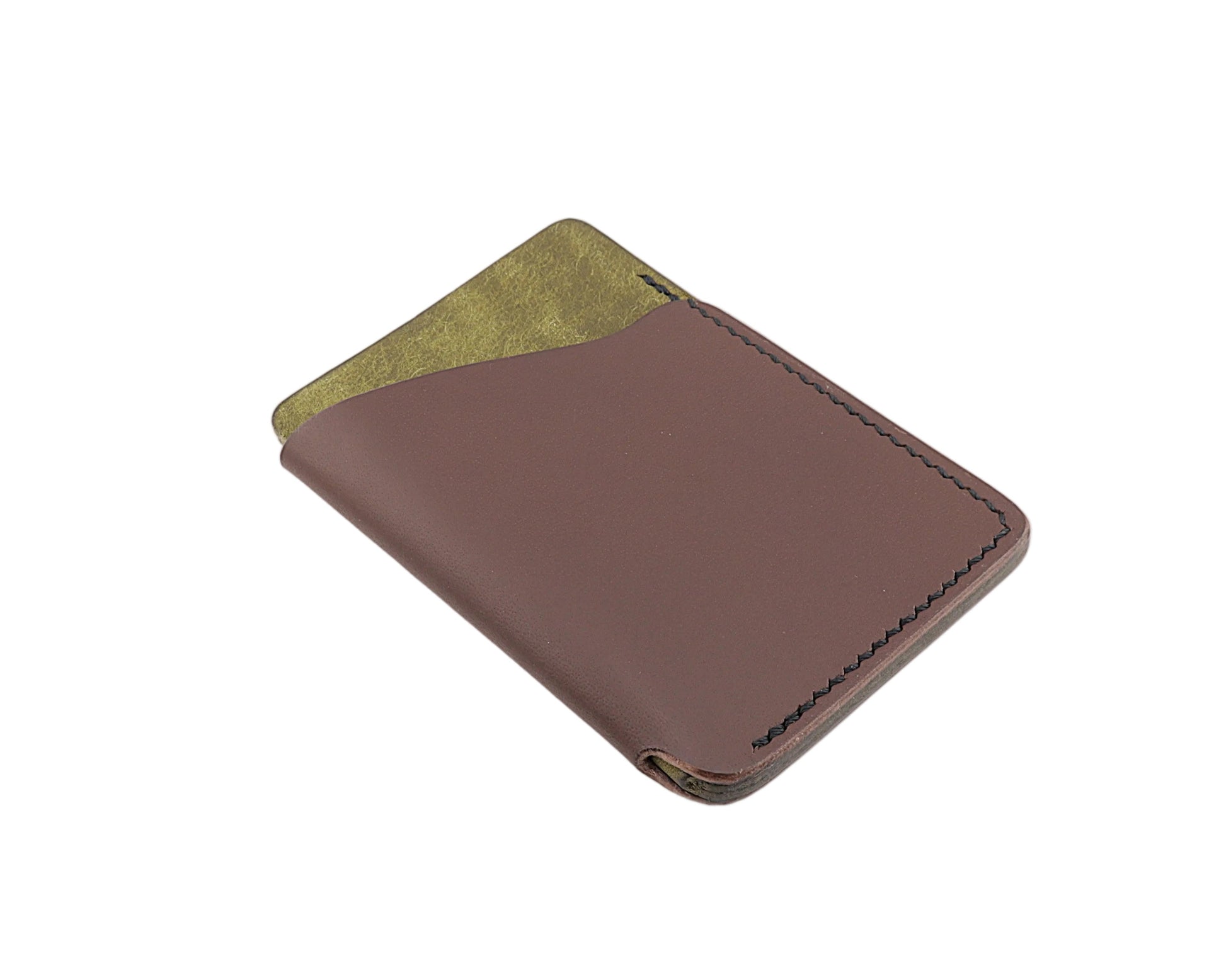 Brown leather cardholder with green accent on a white background