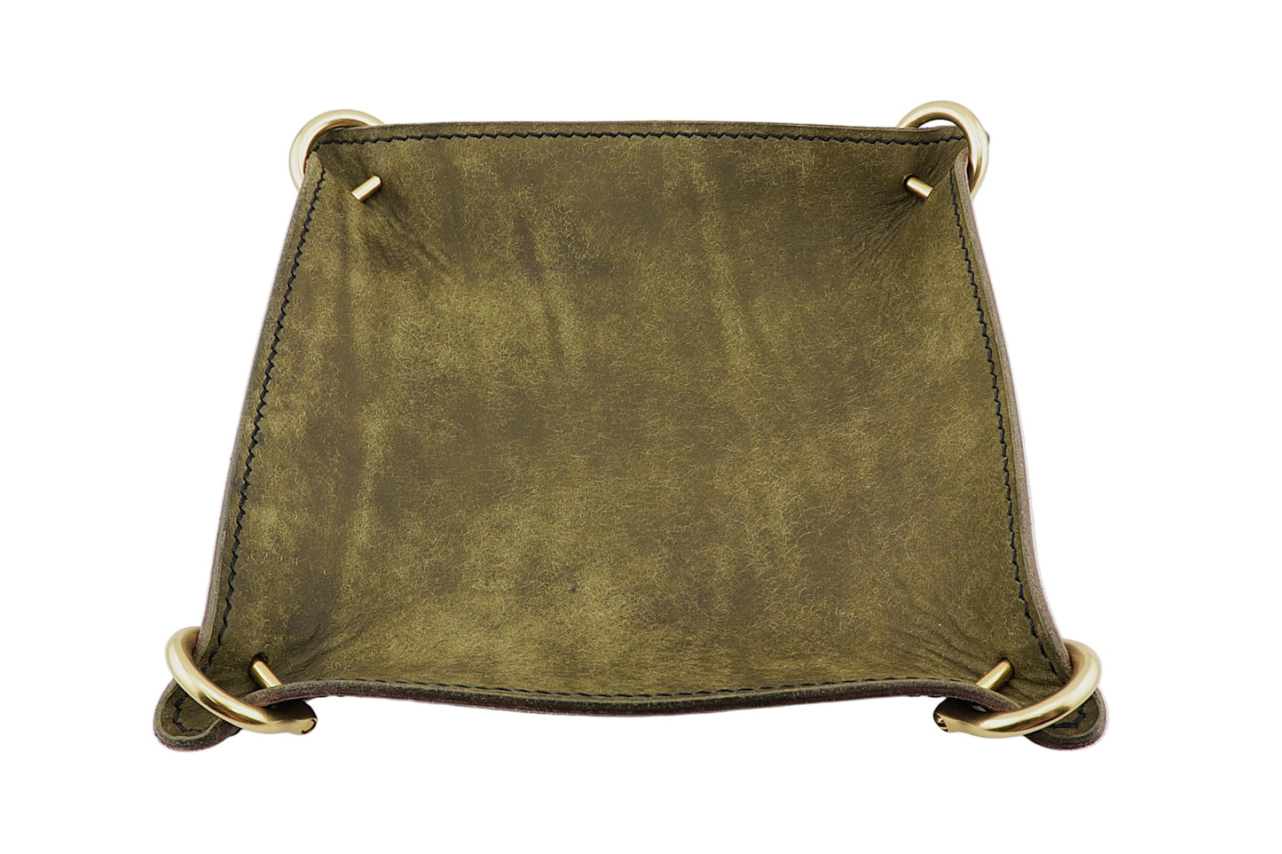 Square green leather tray with gold metal accents on a white background