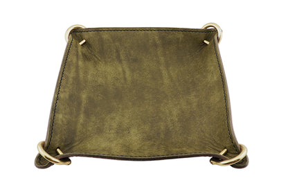 Square green leather tray with gold metal accents on a white background