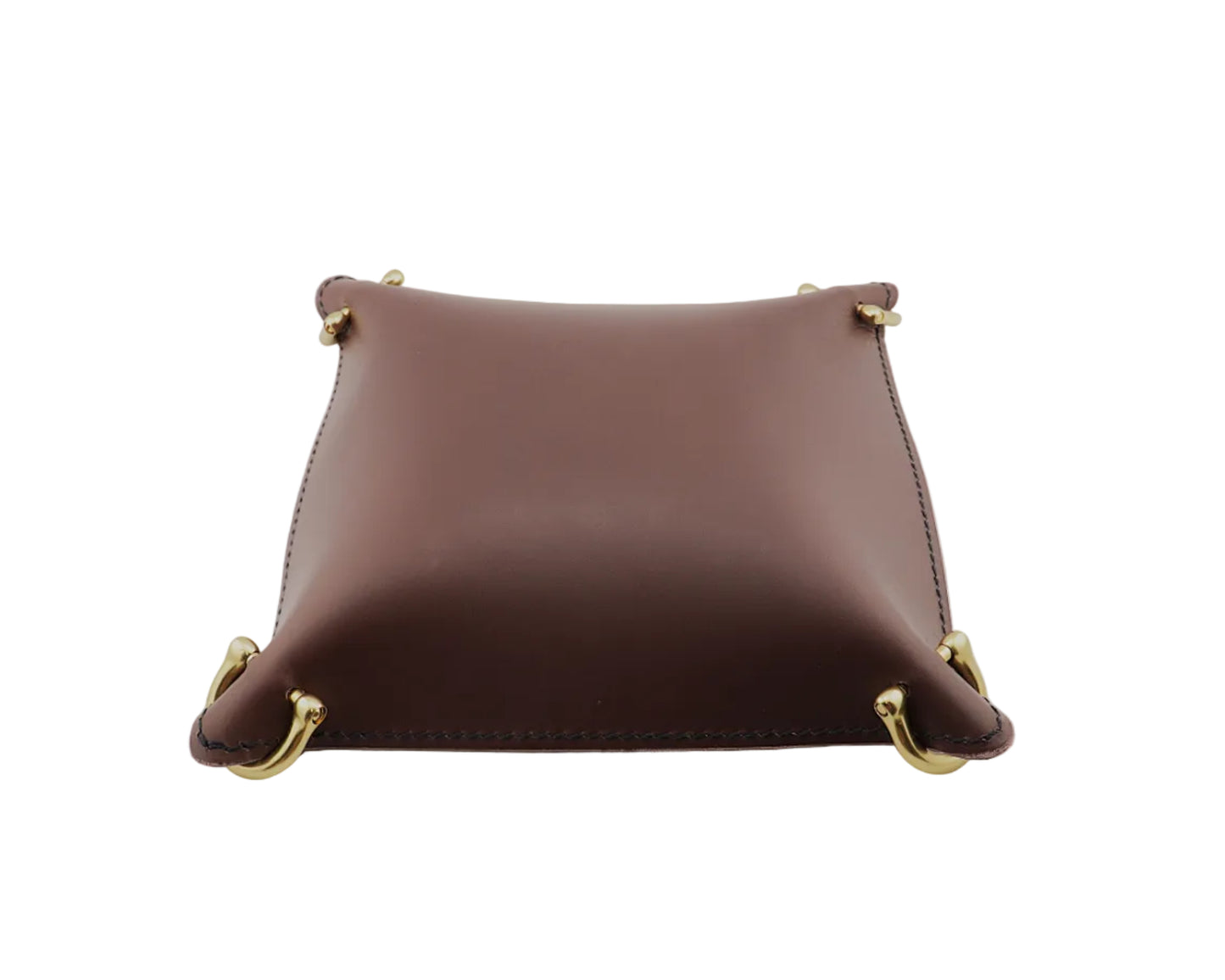 Brown leather tray with gold accents on a light gray background