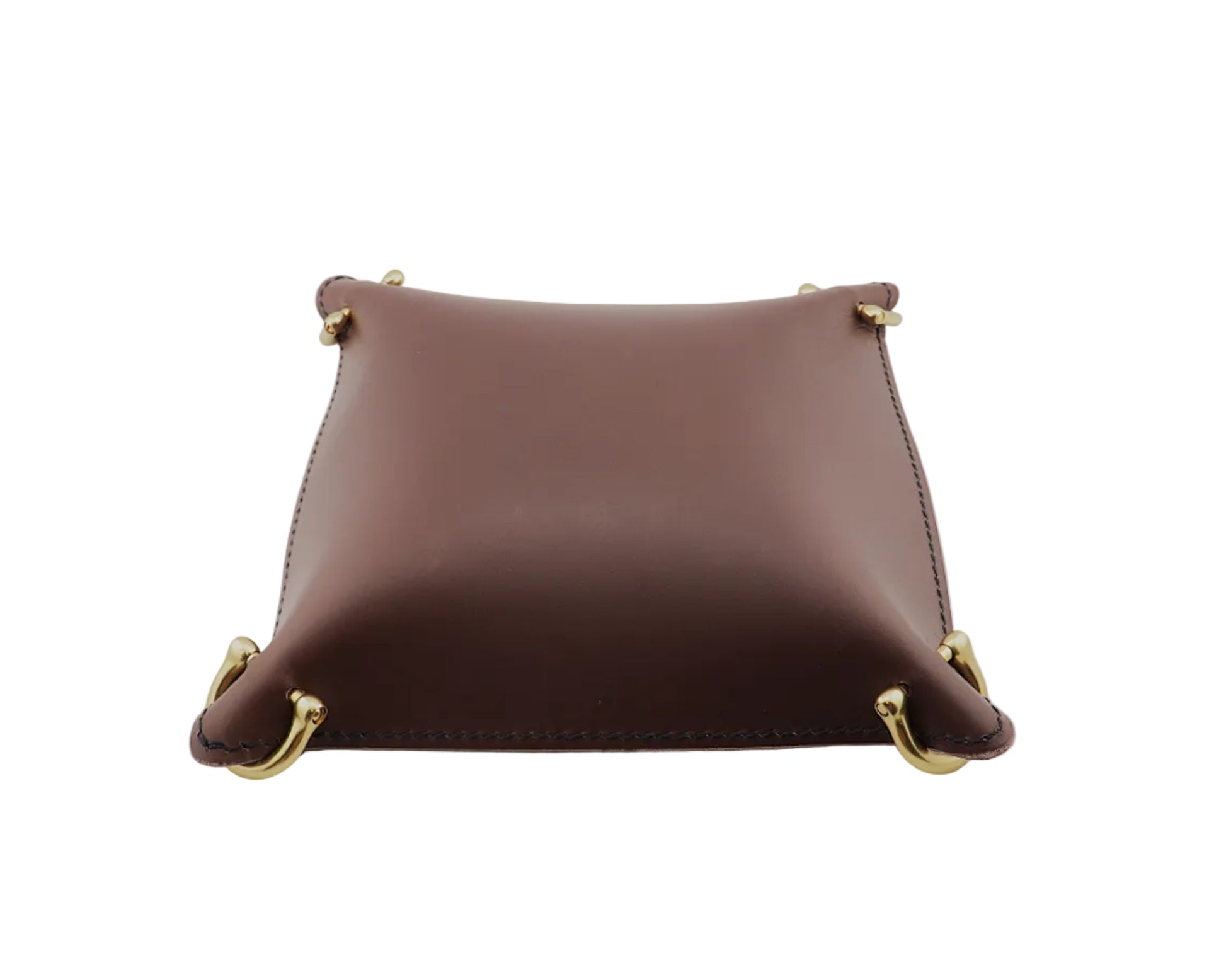 Brown leather tray with gold accents on a light gray background