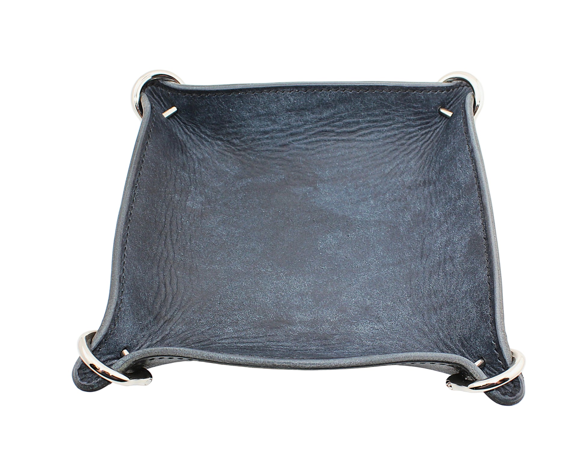 Dark blue leather tray with metal accents on a white background