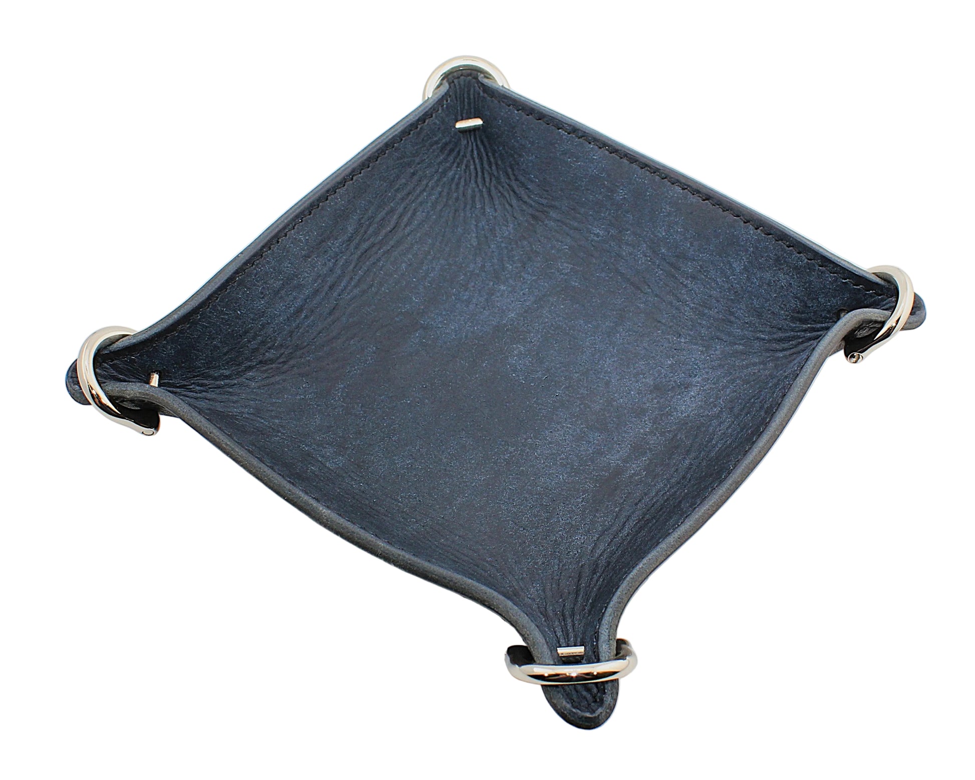 Square leather tray with metal clips on a white background