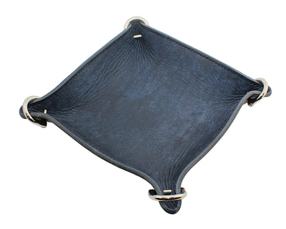 Square leather tray with metal clips on a white background